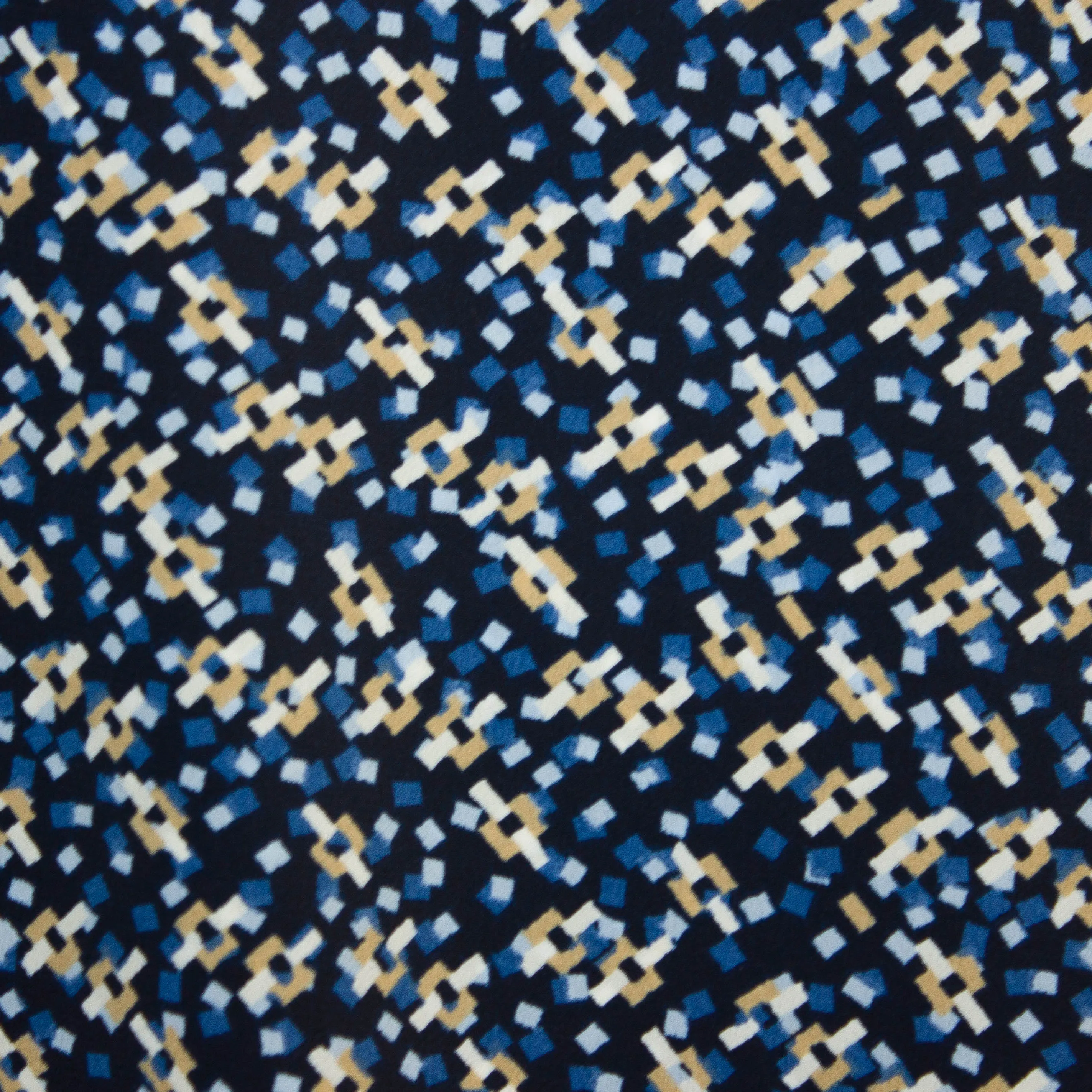 Polyester crepe blauw met beige en licht blauwe accenten